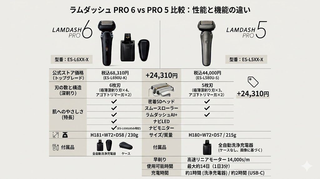 ラムダッシュPRO6(6枚刃)とPRO5(5枚刃)の違い比較表
