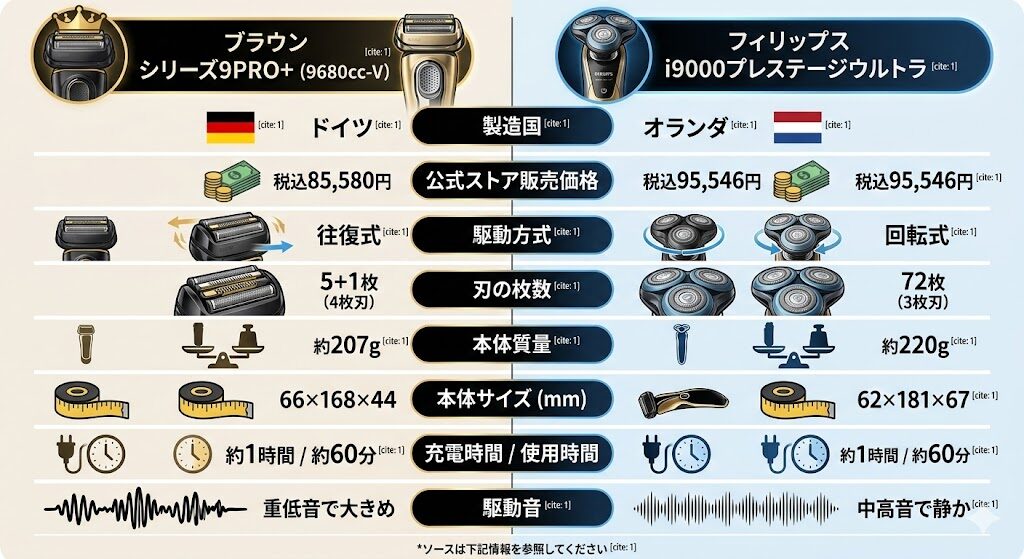 ブラウンとフィリップス最上位モデル同士の比較表