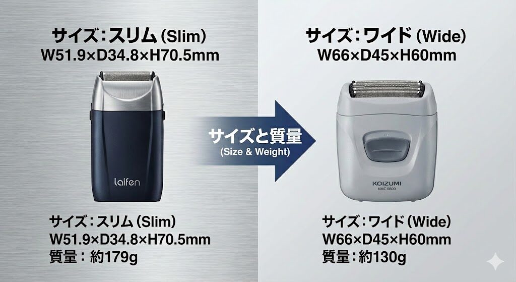 ライフェンP3ProとKOIZUMI(KMC-0800)のサイズと質量
