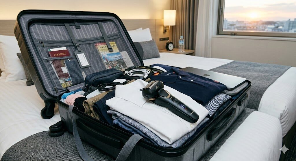 出張用の荷物の中にラムダッシュPRO6を入れた様子