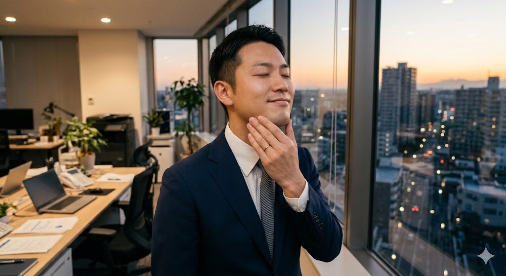 9350ccでシェービングしてきて夕方でもヒゲが気にならない様子