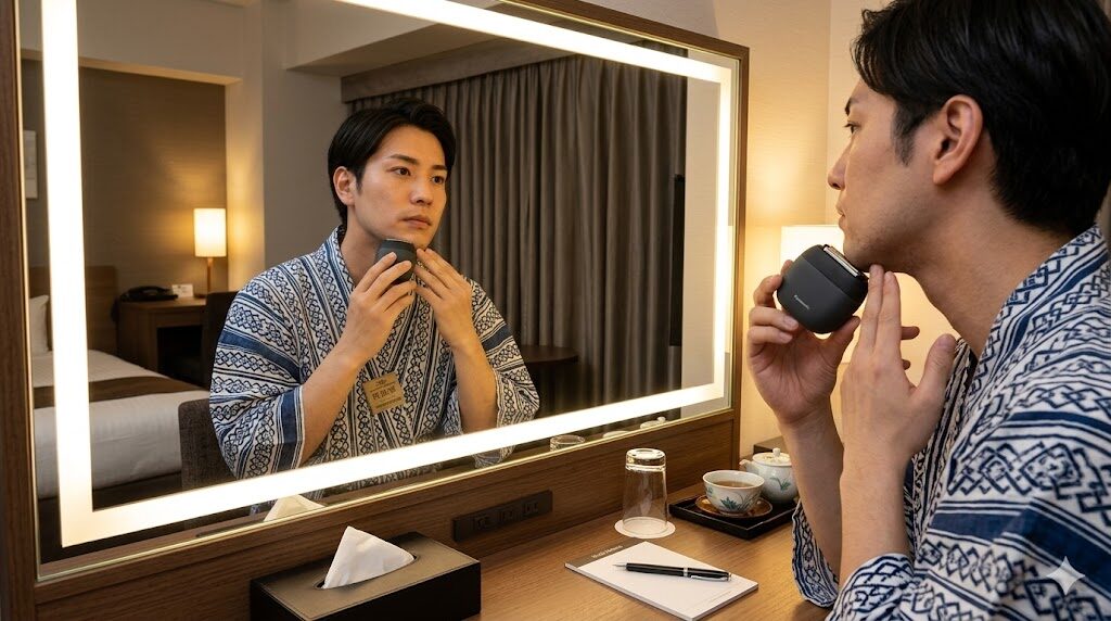 ES-PV70を使ってビジネスホテルの鏡台前でヒゲを剃る様子