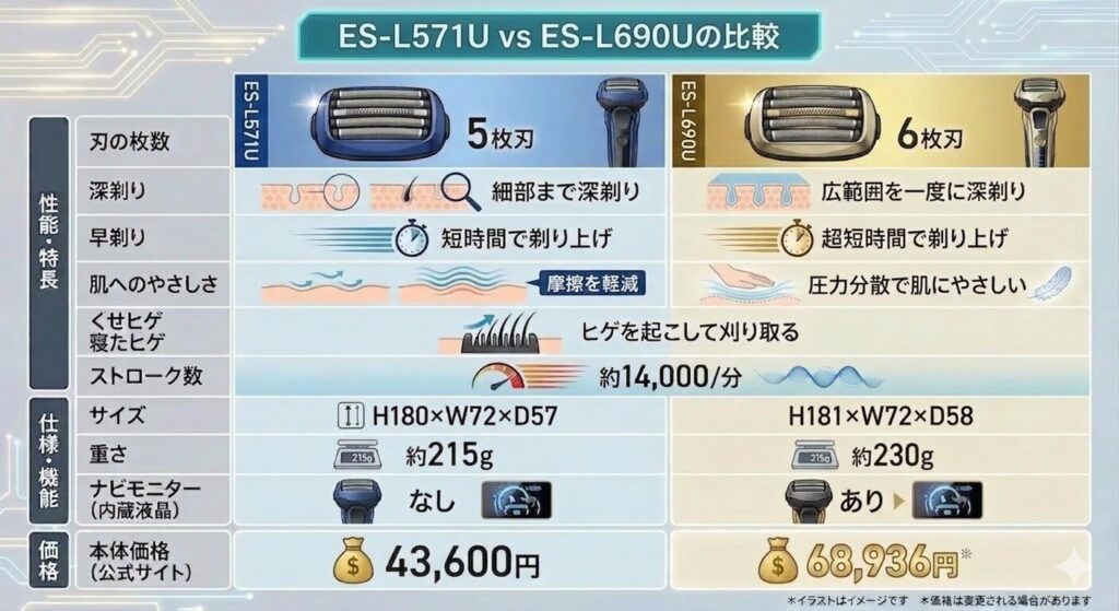 ラムダッシュ5枚刃ES-L571Uとラムダッシュ6枚刃ES-L690Uを徹底比較
