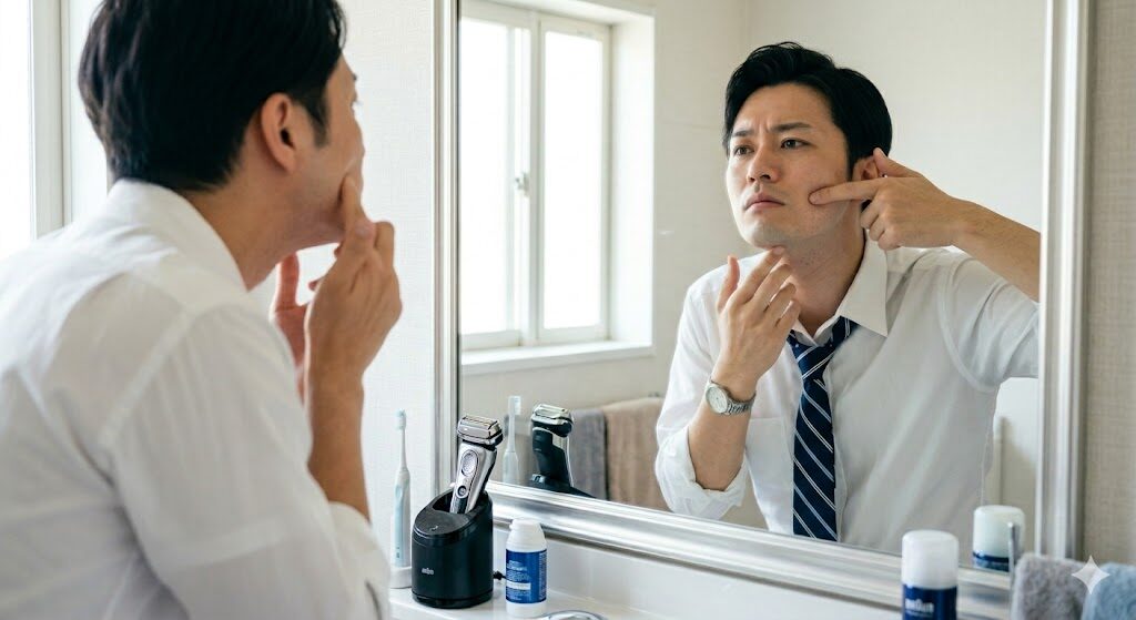髭剃り後にアゴ下の剃り残しがきになる様子