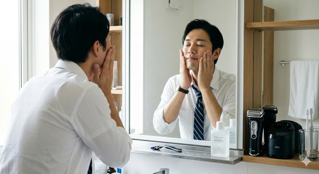 シェービング後に化粧水を肌に浸透させている様子