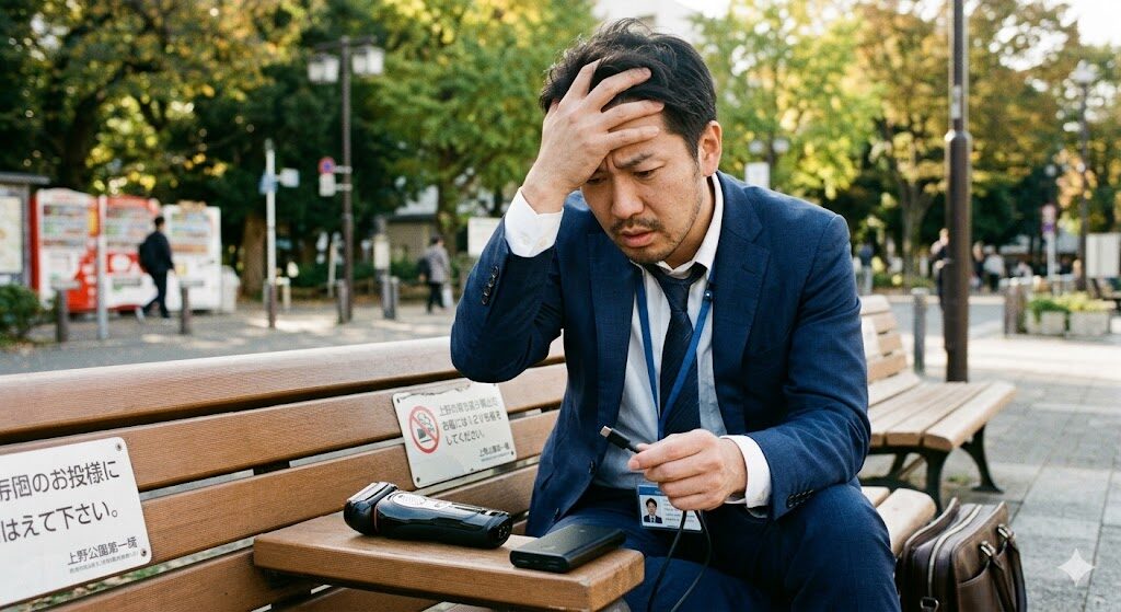 外で9680ccがUSB-C充電できず悩んでる様子