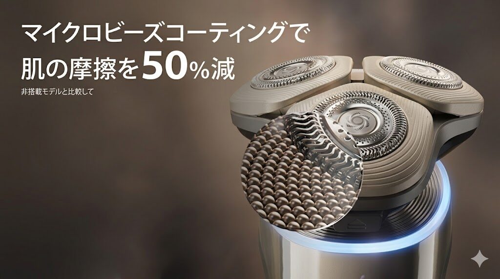 フィリップスi9000 XP9405/49のマイクロビーズコーティングで肌への摩擦を50%減