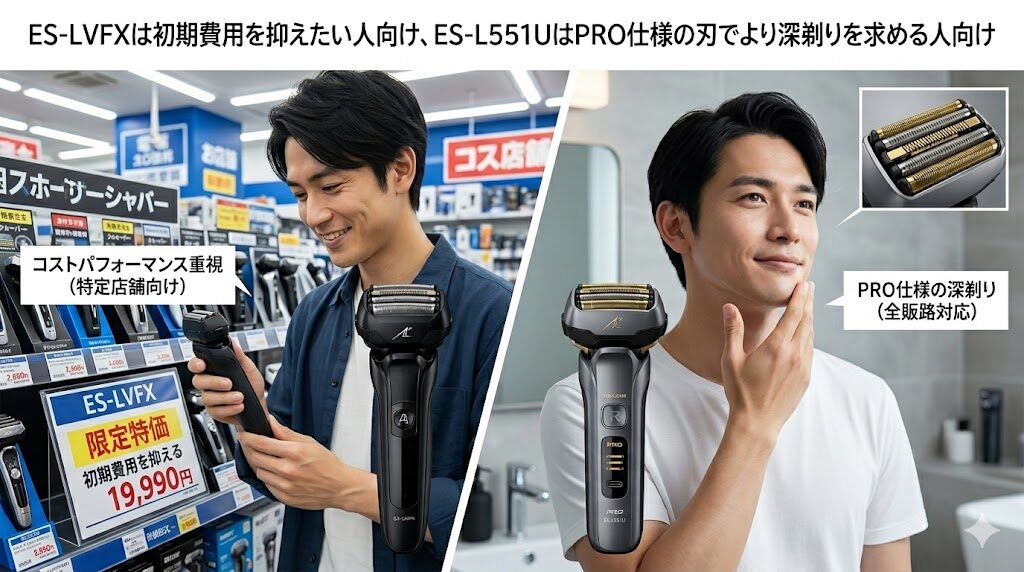 ES-LVFXは初期費用を抑えたい人向け、ES-L551Uはより深剃りしたい人向け