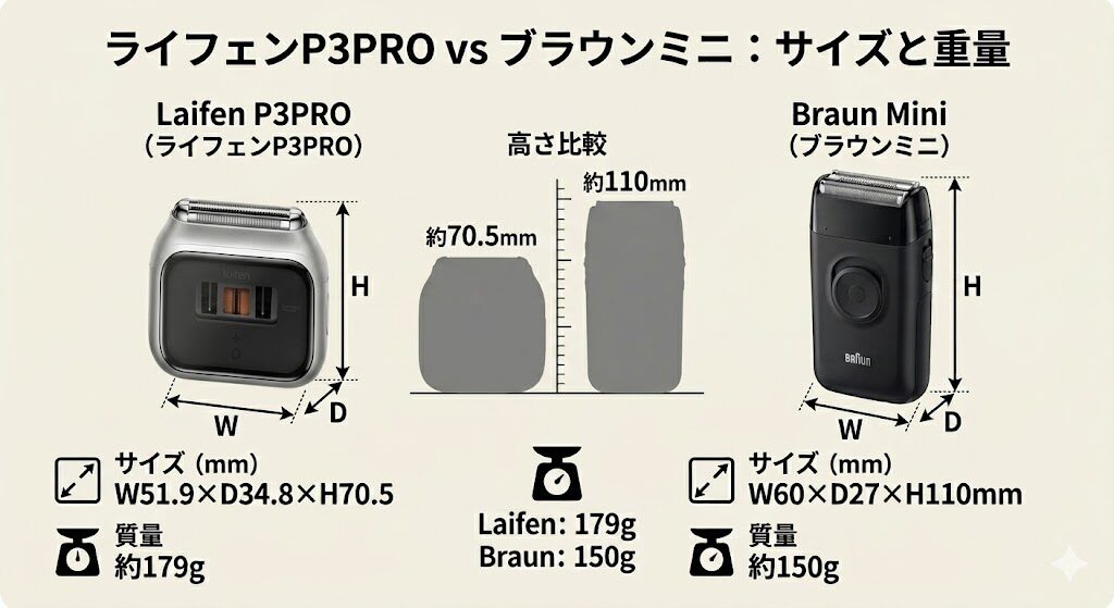 ライフェンP3PROとブラウンミニのサイズ比較