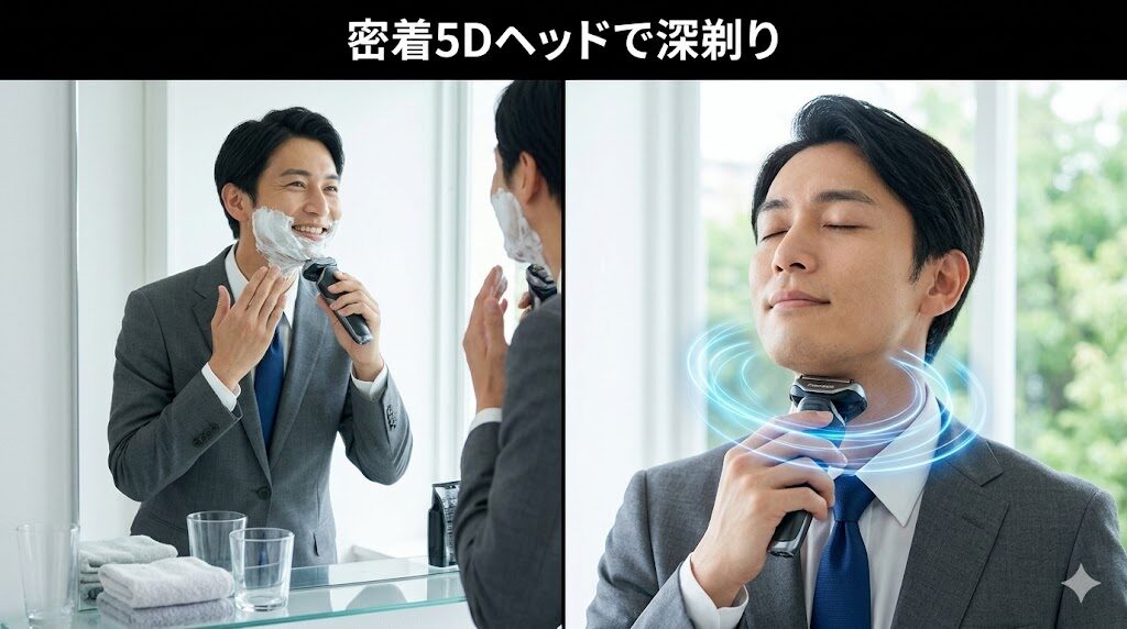 密着5Dヘッドが360°動いて肌に密着して深剃り