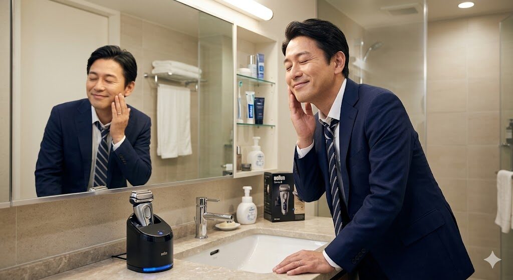 ブラウン9350ccで剃ったあとの肌がヒリヒリしなくて感動している様子