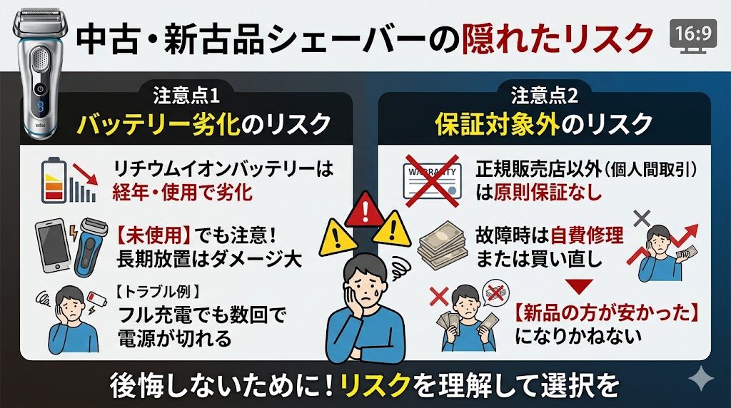 ブラウンシリーズ9の中古や新古品はバッテリー寿命と保証対象外のリスク