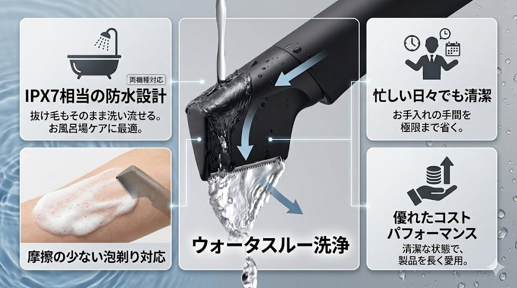 ラムダッシュボディトリマーはお風呂でも使えるIPX7相当の防水設計