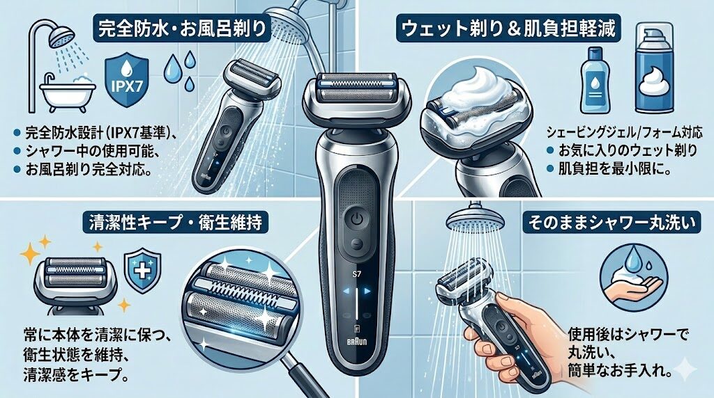 シリーズ7は完全防水でお風呂剃りやシェービングジェルにも対応