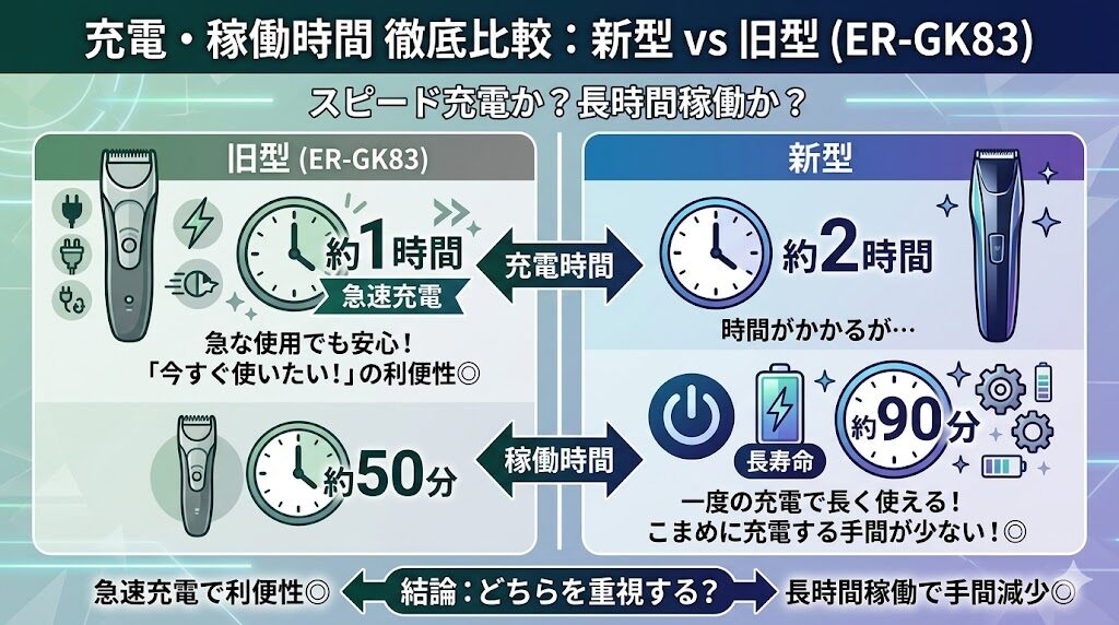 充電完了までの時間は旧型ER-GK83のほうが1時間と短い