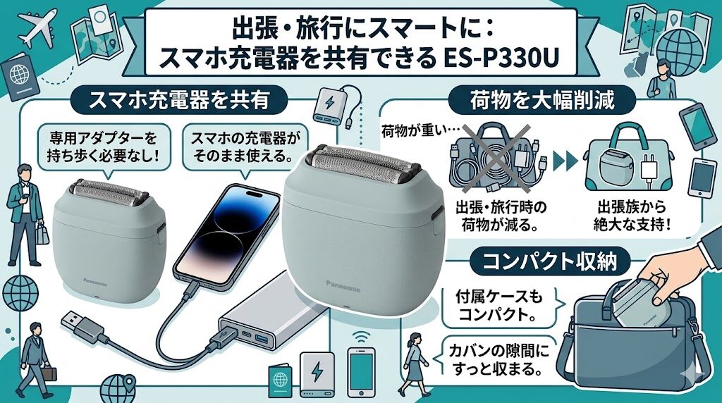 旅行や出張にもES-P330UのUSB-C充電が便利