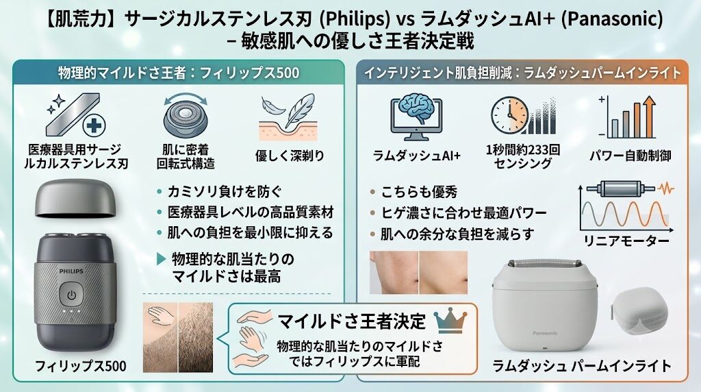 フィリップス500シリーズ「サージカルステンレス刃」とラムダッシュパームインライトES-P330Uの「ラムダッシュAI＋」敏感肌にいいのはどっち？