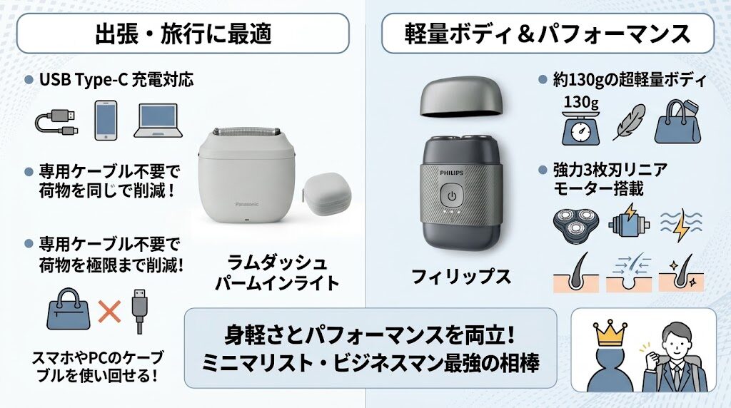 フィリップス500シリーズとラムダッシュパームインライトEs-P330U、ミニマリストやビジネスマン向けなのはどっち？