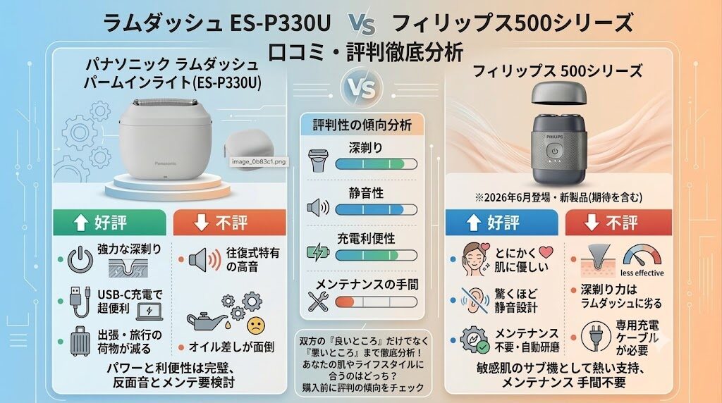 フィリップス500シリーズとラムダッシュパームインライトES-P330Uの口コミ・評判