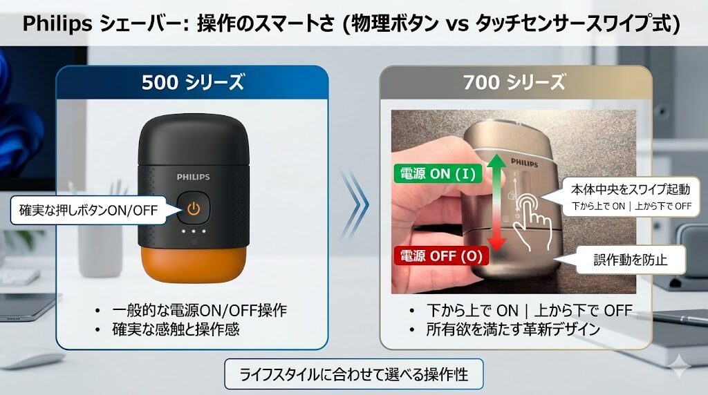 フィリップス500シリーズ、700シリーズの電源ON/OFF方法の違い