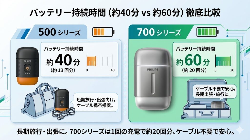 フィリップ500と700シリーズのバッテリー持続時間の比較