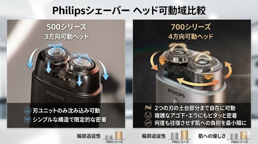フィリップス500、700シリーズのヘッド可動域の違い
