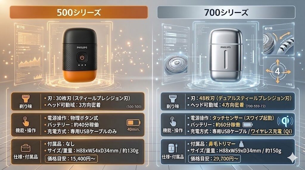 フィリップスコンパクトシェーバー500シリーズと700シリーズ違いは7つ