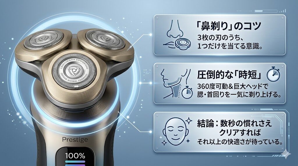 XP9460/40はヘッドのサイズが大きく、鼻の下など剃りにくく感じる？