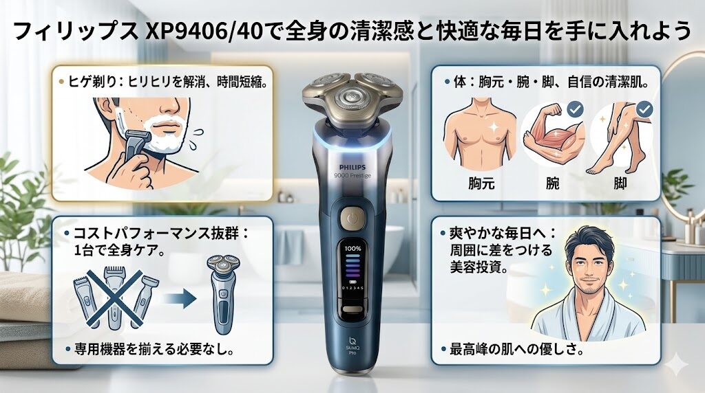 フィリップスXP9406/40なら全身の毛のケアを1台で完結。