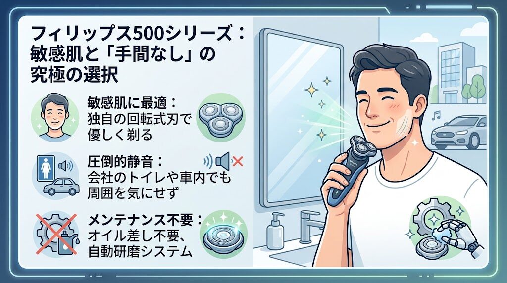 フィリップス500シリーズは「肌へのやさしさ」「静音性」「注油不要」がメリット。