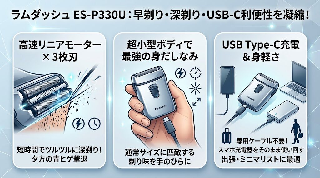 早剃り・深剃り・USB-Cで選ぶならラムダッシュパームインライト(ES-P330U)