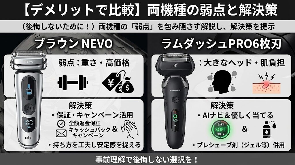 ブラウンNEVOとラムダッシュPRO6枚刃の弱点と解決策