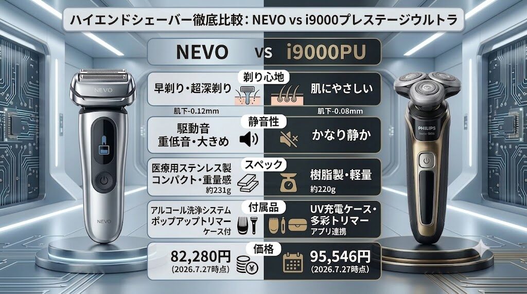 ブラウンNEVOとフィリップスi9000プレスージウルトラのスペックと特長の違いを比較