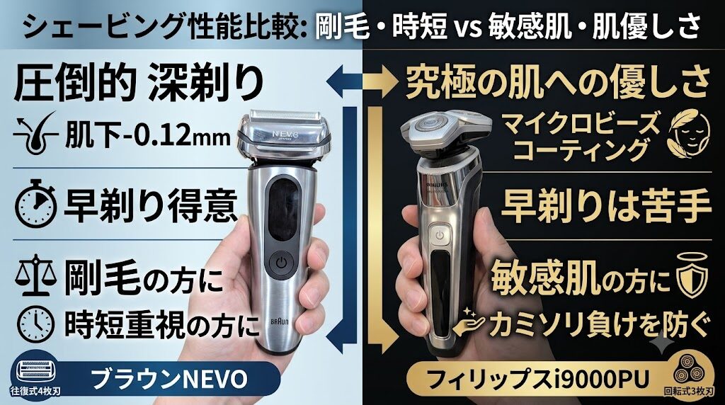 ブラウンNEVOとフィリップスi9000プレステージウルトラのシェービング方式の違い