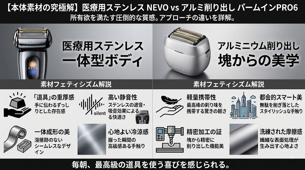 医療用ステンレスのNEVO、アルミ削り出しパームインPRO6枚刃