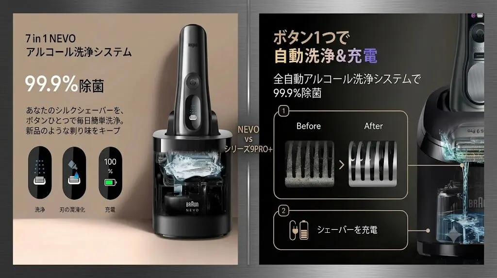 NEVO(7in1)とシリーズ9Sport+(6in1)の洗浄システムの違い