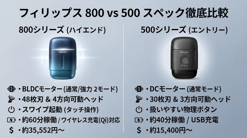 フィリップス500シリーズと800シリーズのスペックの違い