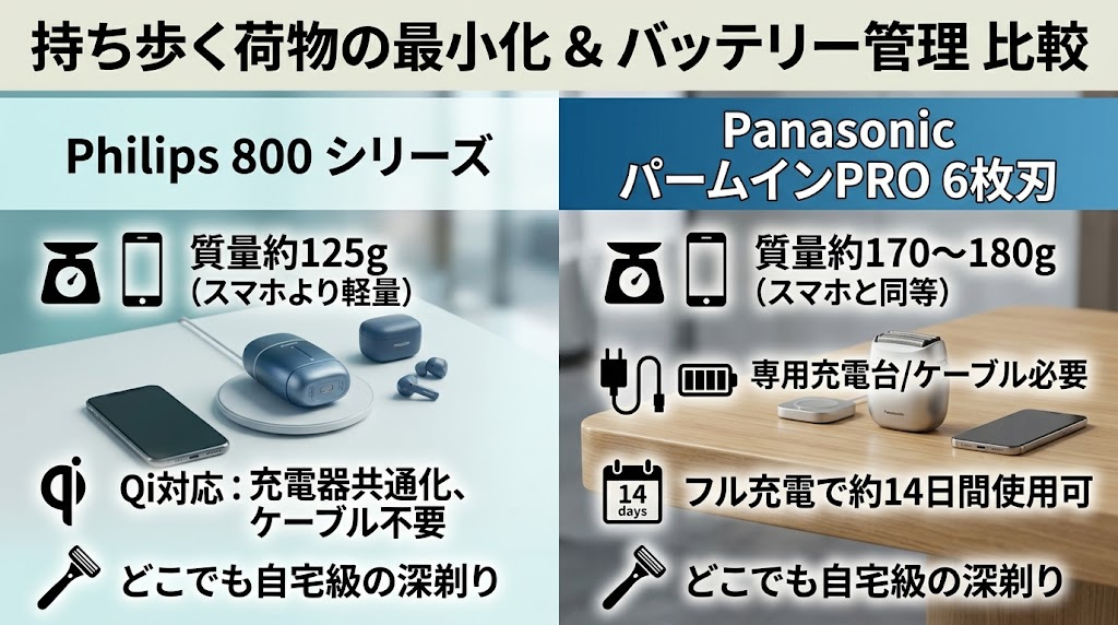 パームインPRO6枚刃とフィリップス800シリーズは軽量で持ち運びが苦にならない