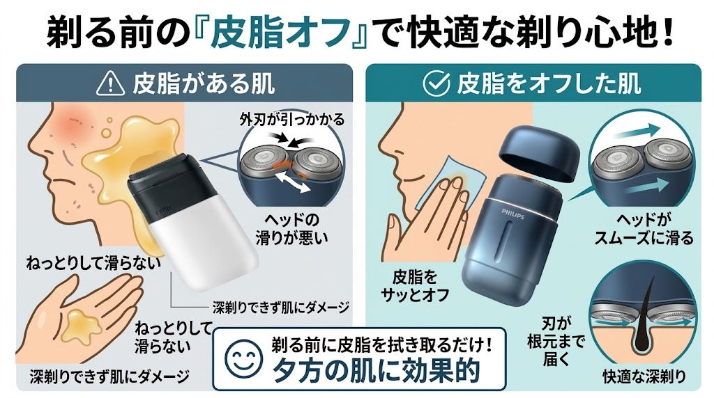 フィリップス800シリーズとブラウンミニで剃る前に皮脂を拭き取る